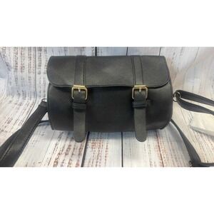 Black‎ Faux Leather Barrel Crossbody Bag Double Buckle Flap Gold Tone